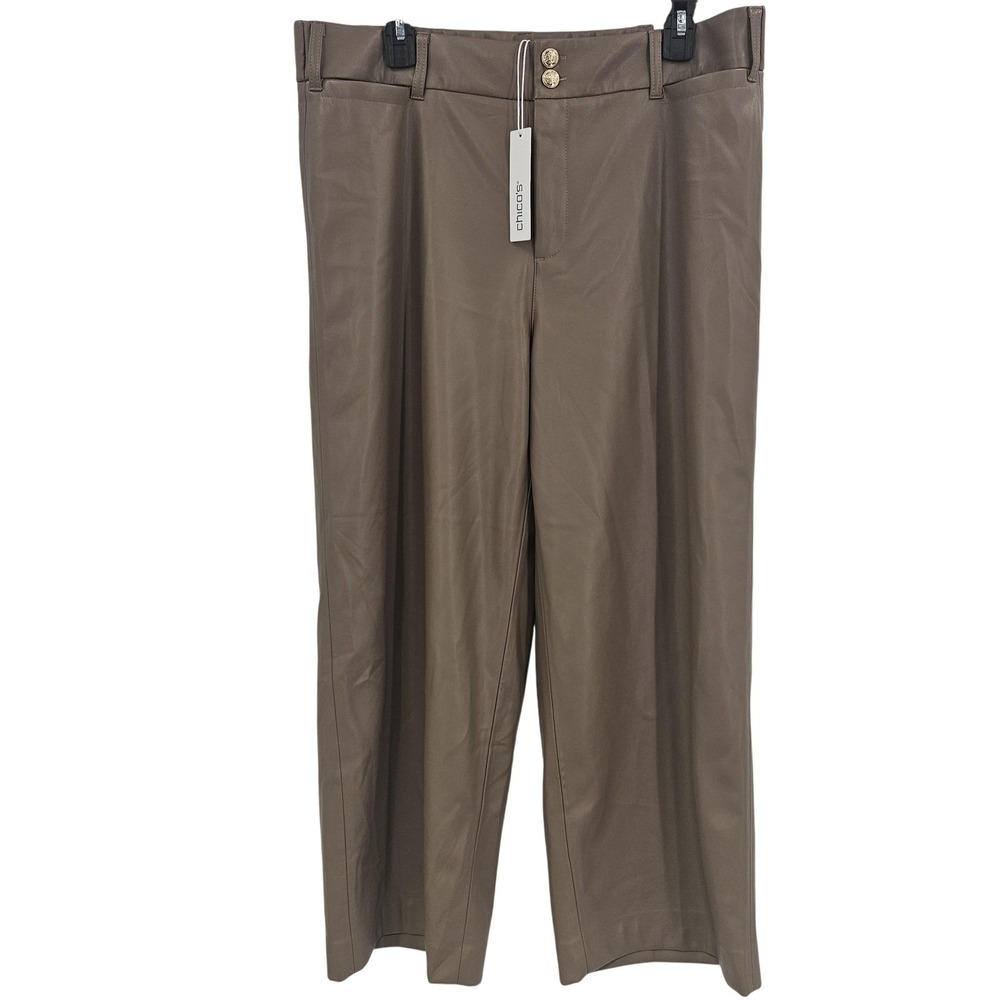 Chico's Pants Womens 2 Caribou Taupe Faux Leather Wide Leg Crop Office Siren